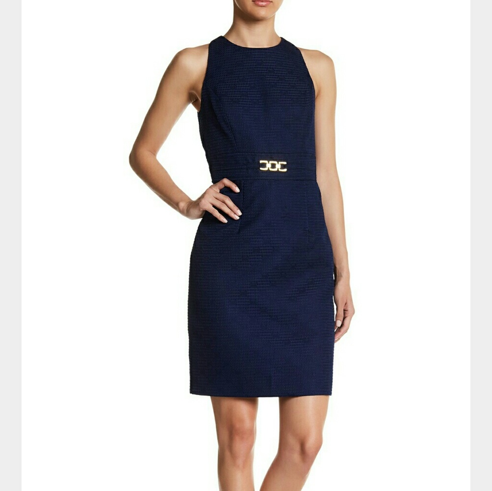 Tahari ASL Navy Blue Jacquard Sheath Dress